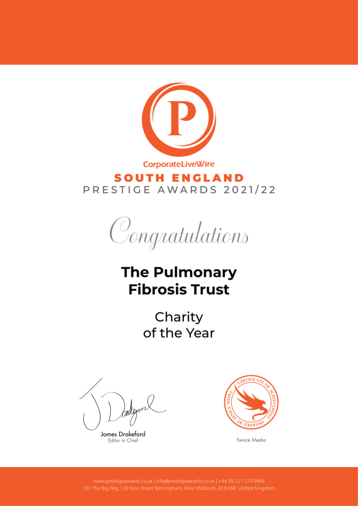 Prestige awards 2021 - Certificate Chairty of the year Pulmonary Fibrosis Trust-1