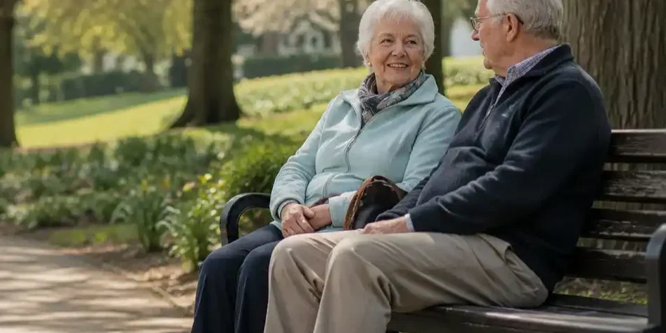 Elderly Couple Chatting in a Sunlit Park - self help CROP.webp
