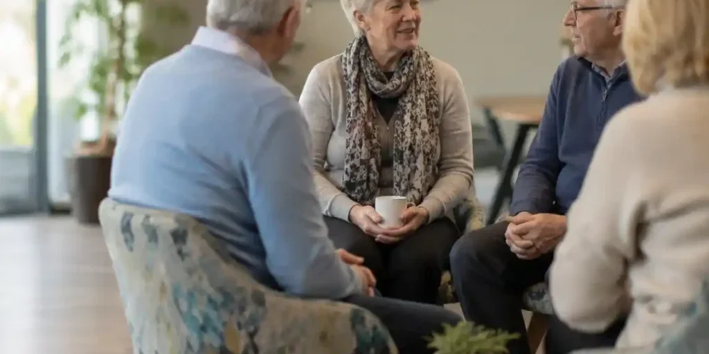 Friendly Group Discussion in a Sunlit Lounge- comminity CROP.webp